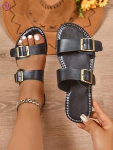 女士平底凉鞋，宽版一脚蹬双扣舒适休闲平底鞋，适合户外、沙滩、复古等多种场合 - 黑色 - 查看 1