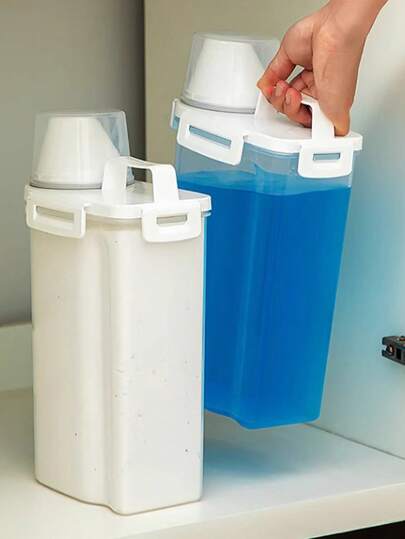 1 pieza Caja de almacenamiento de detergente en polvo, cubo de plástico para jabón de gran capacidad, recipiente enlatado para detergente, caja de almacenamiento dedicada, portátil con asa y tapa, sellado de 4 lados, tapa con vaso medidor, balde de embalaje multifuncional para el hogar, tina de lavandería, tanque de almacenamiento de agua para el baño