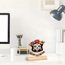 2D 平面，1 件，女士骷髅桌面装饰，墨西哥花卉印花骷髅设计，万圣节装饰，适合万圣节、家居、办公室、卧室、咖啡厅，带木质底座的理想装饰品，2D 平面 - 彩色 - 查看 3