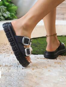FZY 2026 New Women Summer Casual Sandals, Simple Fashion Thick Platform Lightweight Slippers, Buckle Decor High Heel Platform Thick Bottom Anti Anti-Odor Increased Height Beach Shoes Or Casual Wear At Home Or Commuting Sandals,Essential Easter Outfits - 黑色 - 查看 4