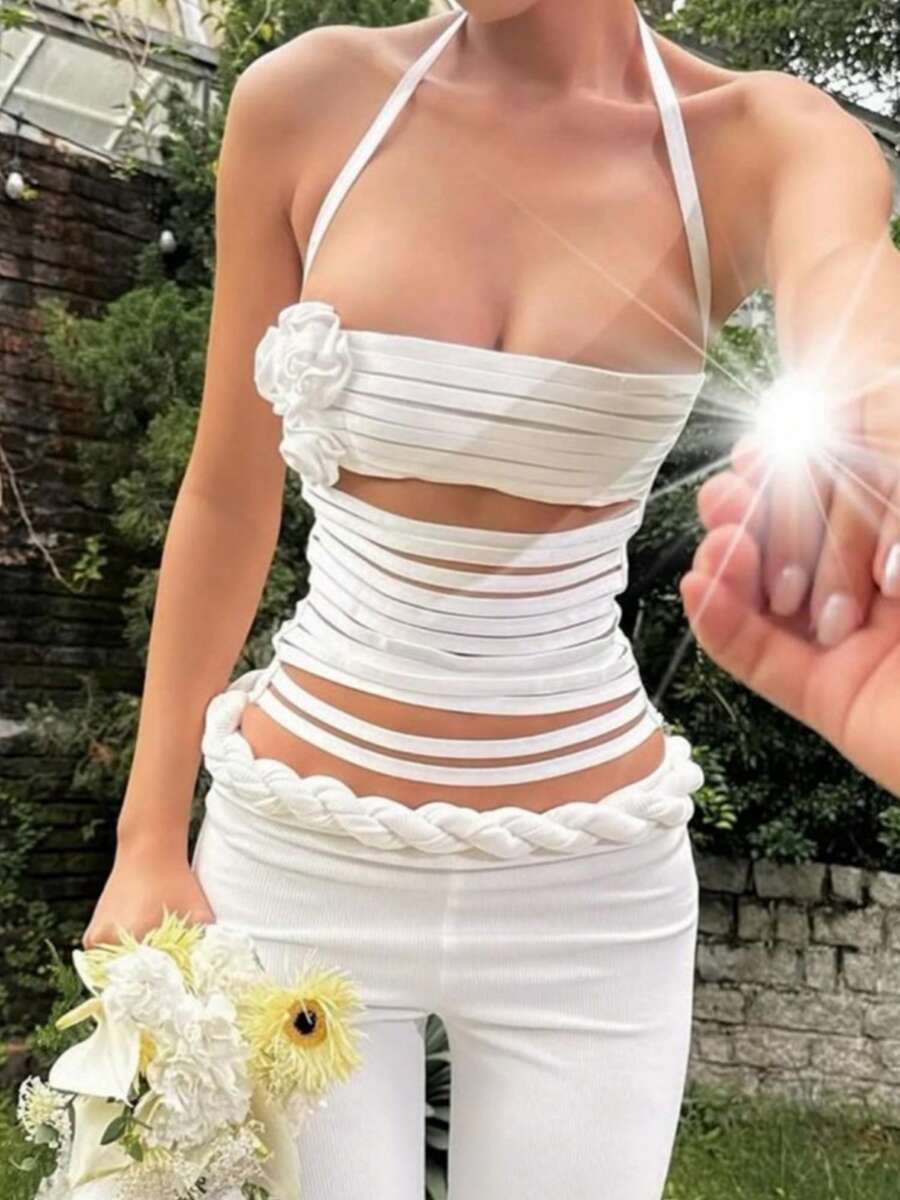 Women's Summer Halter Tank Tops Solid Color 3D Flower Sleeveless Cutout Bandage Backless Slim Fit Vest - trắng - Xem 1