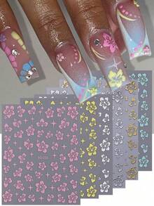 6pcs Summer Hibiscus Flower Nail Stickers Mixed Color 3D Self-Adhesive Decals Nail Art Sliders Pink White Gold Floral Nail Design Manicure Decor For Vacation Nails Women Girl - Multicolor - View 2
