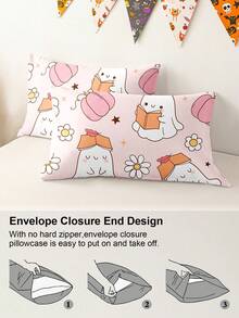 万圣节可爱幽灵南瓜数码印花被套三件套（1个被套和2个枕套），柔软亲肤，四季皆宜，万圣节礼物 - 彩色 - 查看 7