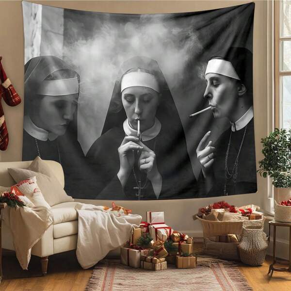 1pc Polyester Vintage Black And White Tapestry Featuring Nuns Smoking Creative Wall Hanging Art For Living Room Bedroom Lounge Area Conversation Starter Gothic Aesthetic Decor Gift Item High Quality Fabric Piece Tapestry