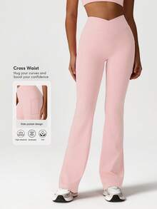 Sodalemon Women Solid Color Cross Waist Casual Outdoor Training Fitness Gym Side Pockets Yoga Sport Flare Pants - Baby Pink - View 9