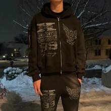 Zip Up Hoodie Grunge Jackets Streetwear Y2k Unisex Emo Vintage 2000s Outerwear Oversized Graphic Hoodies Star RapperChristmas - 黑色 - 查看 5