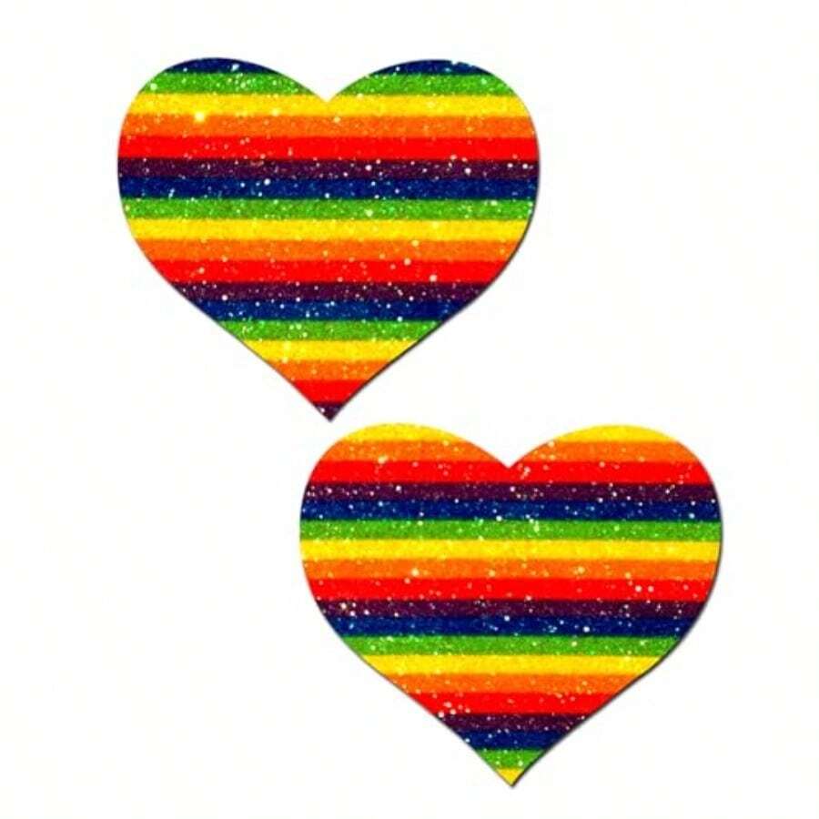 Rainbow Pride Pasties Nipple Covers Pride Parade Or Festival Rave EDM Party Or Club Aesthetic Outfit Accessory Waterproof Latex Free Glittering Double Rainbow Heart - 如圖 - 查看 1