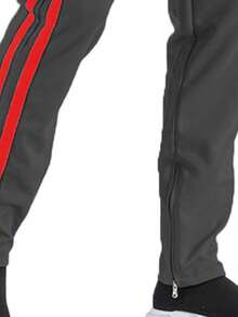 Mens Black And Red Side Stripe Cargo Track Pants Elastic Waist With Drawstring Ankle Zipper Streetwear ACtivewear Gym And Fitness Casual Pants  Regular Fit    Weekend Casual  Night Out  Sports  Daily - 黑紅 - 查看 4