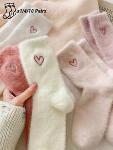 1/4/10 Pairs Women's Heart - Patterned Fluffy Socks, Soft & Warm, Cute Style, Crew Socks For Home/Lounge Days - Multicolor - View 1