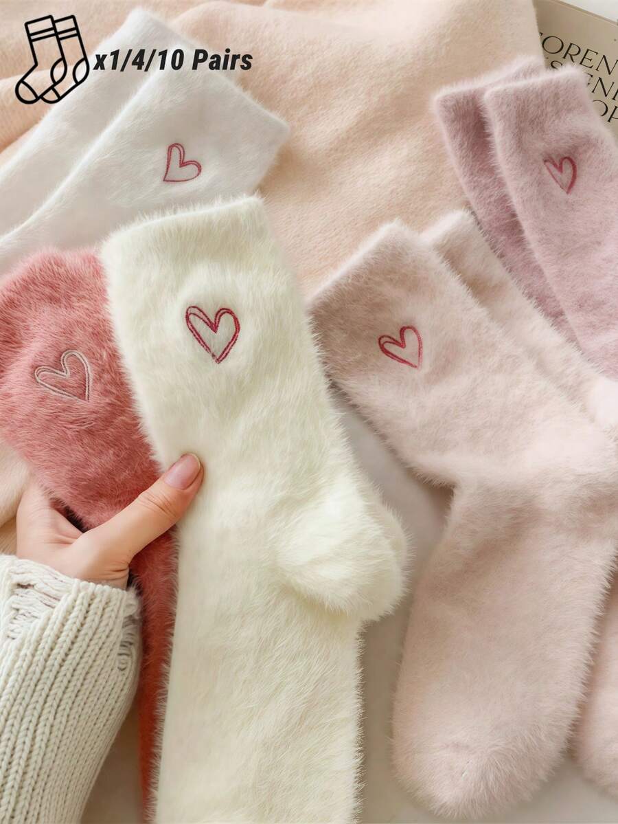 1/4/10 Pairs Women's Heart - Patterned Fluffy Socks, Soft & Warm, Cute Style, Crew Socks For Home/Lounge Days - Multicolor - View 1