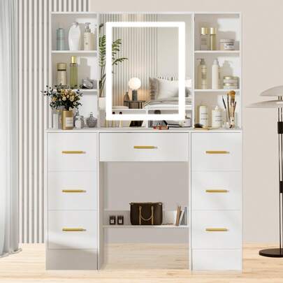 Gran tocador con espejo LED, luz de 3 colores y estantes de varios niveles, 7 cajones con espejos que se abren.