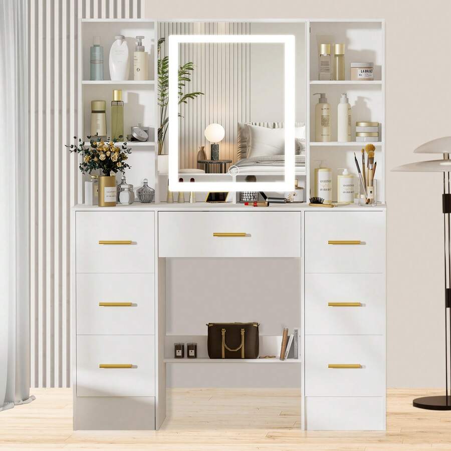 Large Vanity Table With LED Mirror, 3-Color Light And Multi-Tiered Shelves, 7 Drawers With Opening Mirrors. - White - View 1