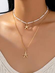 2 件夏季海洋风格海星吊坠项链套装，波西米亚种子串珠项链配海星饰物，女士多层项链首饰适合日常佩戴、度假、海滩派对。 - 彩色 - 查看 1