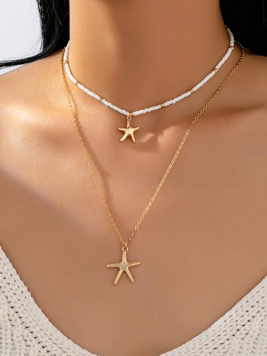 2 件夏季海洋风格海星吊坠项链套装，波西米亚种子串珠项链配海星饰物，女士多层项链首饰适合日常佩戴、度假、海滩派对。 - 彩色 - 查看 1
