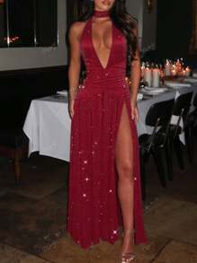 Women's Sexy Deep V-Neck Spaghetti Strap Metallic Ruched Waist Slit Maxi Party Dress