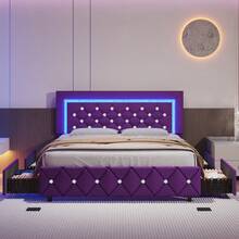 Twin/ Full/ Queen Bed Frame With Drawers, Upholstered Bed Frame With LED Lights, Modern Platform Bed Frame With Headboard And Footboard, Diamond Tufted Design, No Box Spring Needed, White/ Pink/ Black/ Purple/ Yellow (Twin Size 2 Drawers/ Other Size 4 Drawers) * Bed Frame Queen Bed Frame Bed Queen Bed Frame King Bed Frame Bedroom Furniture Bed Frame Full Full Size Bed Frame Twin Bed Frame Beds Cozy Bedroom Home Bedroom Refresh Room Decor Home Decor Christmas Decor Bedroom Decor Valentine Day Decor Storage Living Room Decor Furniture House Decor Halloween Decorations  ( USB LED Strip) - 紫色 - 查看 6