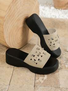 宽版女式宽版坡跟厚底针织镂空透气凉鞋，适合宽脚，轻便舒适的软底凉鞋，水钻装饰时尚凉鞋，适合度假、休闲、派对