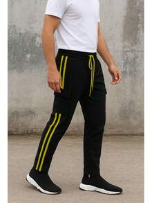 Mens Black And Lime Side Stripe Cargo Track Pants Elastic Waist With Drawstring Ankle Zipper Streetwear ACtivewear Gym And Fitness Casual Pants  Regular Fit    Weekend Casual  Night Out  Sports  Daily - 黑石灰 - 查看 1
