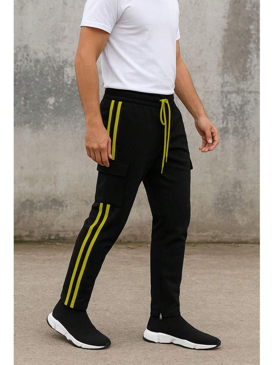 Mens Black And Lime Side Stripe Cargo Track Pants Elastic Waist With Drawstring Ankle Zipper Streetwear ACtivewear Gym And Fitness Casual Pants Regular Fit Weekend Casual Night Out Sports Daily - 黑石灰 - 查看 1