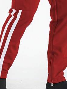Mens Red And White Side Stripe Cargo Track Pants Elastic Waist With Drawstring Ankle Zipper Streetwear ACtivewear Gym And Fitness Casual Pants  Regular Fit    Weekend Casual  Night Out  Sports  Daily - 紅白 - 查看 4