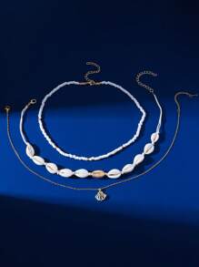 Set de 3 collares colgantes con criaturas marinas de estilo bohemio, serie de collares artesanales con cuentas y conchas marinas, adecuado como accesorio de moda para vacaciones y viajes de mujer