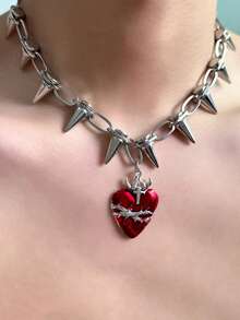 1pc Punk Heart Rivet Pendant Necklace, Metal Colorful Necklace Suitable For Party, Festival, Performance Outfit Matching - Silver - View 6