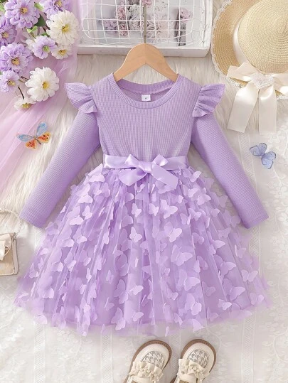 Young Girls Elegant Long Sleeve Dress, Purple Butterfly Applique & Ruffle Hem Detail, Waist Belt Decor, Solid Color Waffle Texture Minimalist Fashion Young Ladies Butterfly Mesh Skater Dress, Autumn/Winter