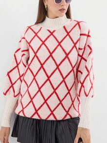 Pantaloni scurți de plajă tricotați casual cu nervuri, model patchwork, cu model romb - roșu - Vizualizare 1