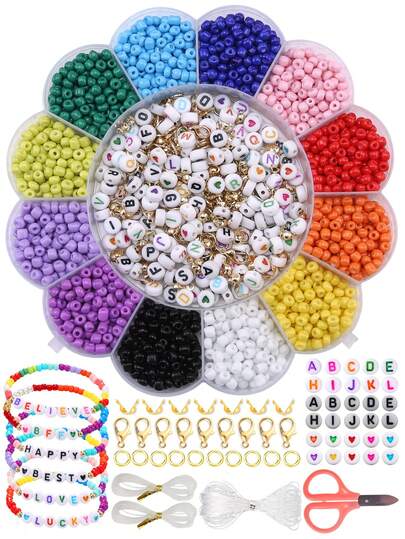1盒13格隨機彩色4mm亞克力珠子字母珠子龍蝦扣跳環花瓣形盒子+1把剪刀+1條彈性繩+2條虎絲線,適用於diy手鍊、項鍊、耳環飾品diy套件