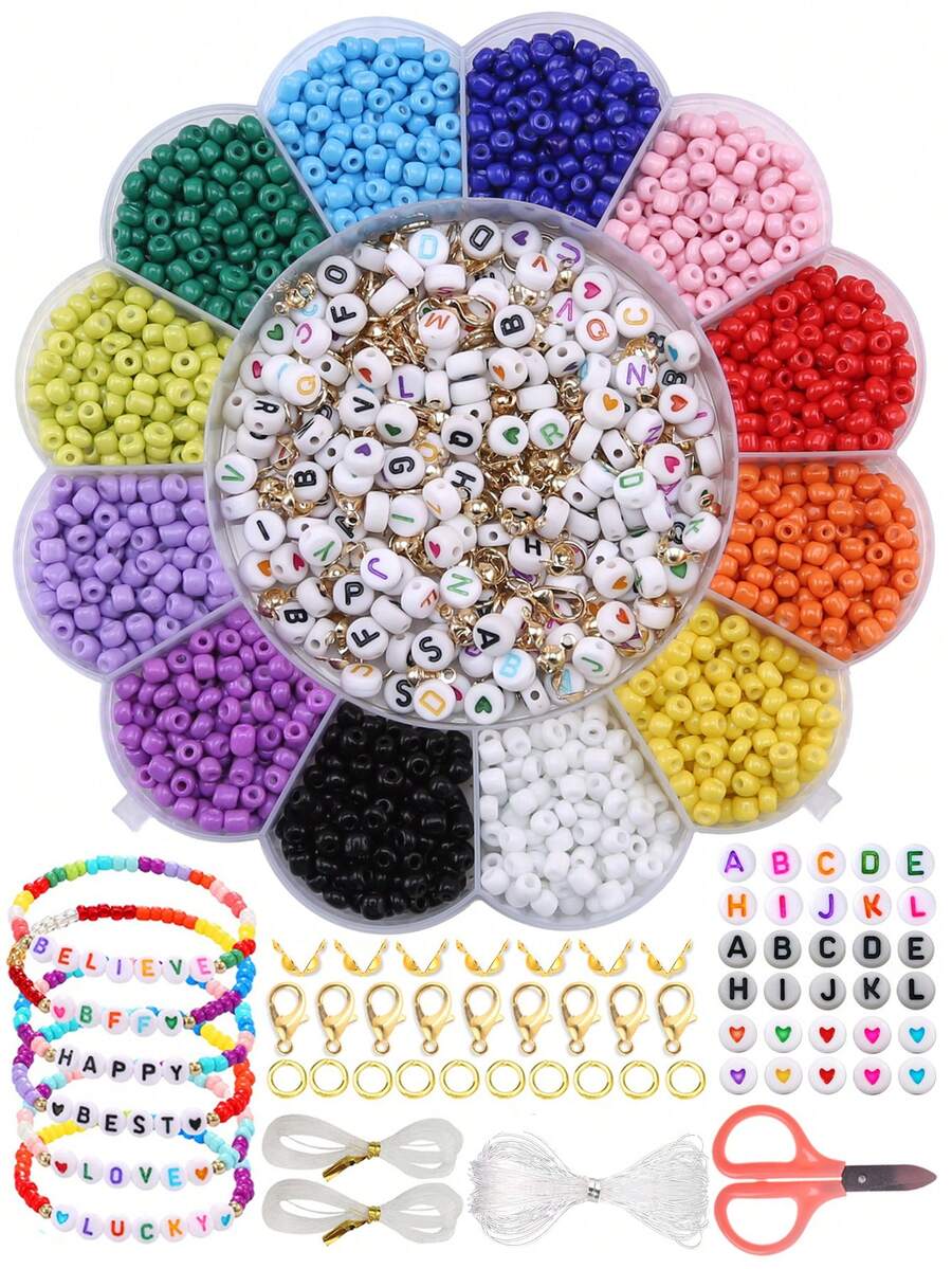 1盒13格隨機彩色4mm亞克力珠子字母珠子龍蝦扣跳環花瓣形盒子+1把剪刀+1條彈性繩+2條虎絲線,適用於diy手鍊、項鍊、耳環飾品diy套件 - 彩色 - 查看 1