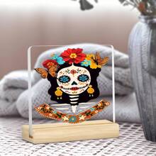 2D 平面，1 件，女士骷髅桌面装饰，墨西哥花卉印花骷髅设计，万圣节装饰，适合万圣节、家居、办公室、卧室、咖啡厅，带木质底座的理想装饰品，2D 平面 - 彩色 - 查看 4
