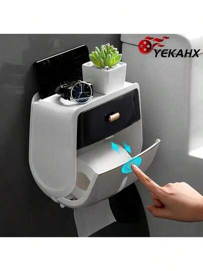 TAIMASI Wall Mount Toilet Roll Paper Holder, Double Layer Large Capacity Storage Box, Wall Mounted Waterproof Tissue Box (Black-White)