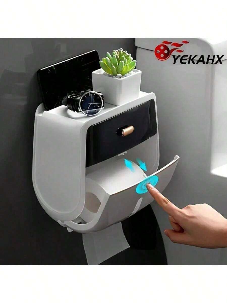 TAIMASI Wall Mount Toilet Roll Paper Holder, Double Layer Large Capacity Storage Box, Wall Mounted Waterproof Tissue Box (Black-White) - 灰白 - 查看 1