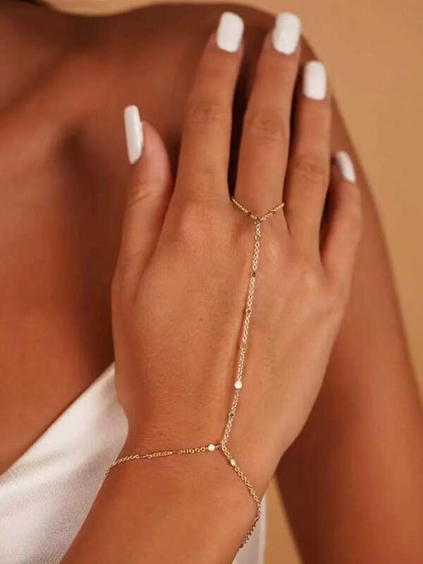 1pc Fashionable Flat Chain Linked Ring Bracelet, Boho Style Flat Chain Connected Finger Ring Bracelet