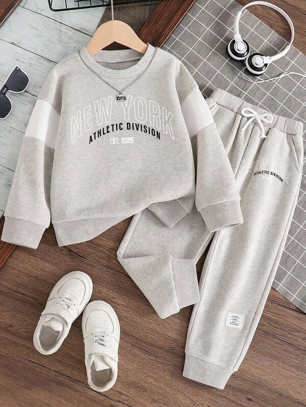 Tween Boy Letter Print Warm Crew Neck Sweatshirt And Pants Set