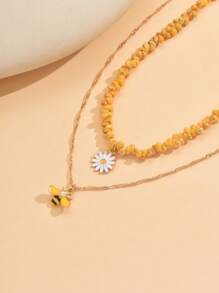 2 Stücke/Set Sommer Urlaubsstil gelbe natürliche Seemuschel handgemachte Perlenkette mit Gänseblümchen Blumen Metall Bienen Anhänger Kette, geeignet für Alltag, Party, Musikfestival und Strandmode