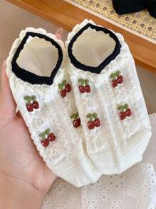 Calcetines de tobillo transpirables con lazo de cereza, letra y diseño floral tipo Ins para mujer