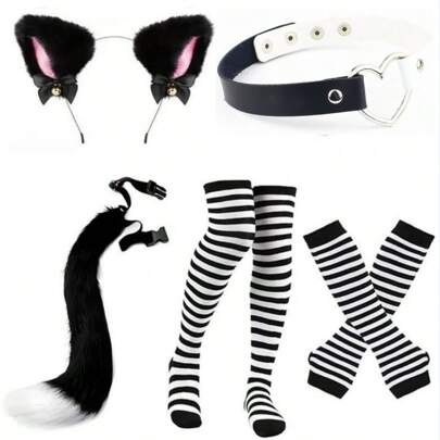 5pcs/Set Cute Cat Cosplay Props For Halloween, Includes Tail, Headband, PU Leather Collar, Arm Sleeves, Striped Socks, Great For Role Play