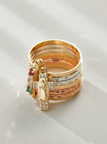 1pc Handmade Tri-Color Virgin Mary Semanario Layered Ring With Random Gemstone Colors Virgen De Guadalupe Anillo With Zirconia Cross Charm Suitable For Gifts, Friends, Daily & Holiday Wear