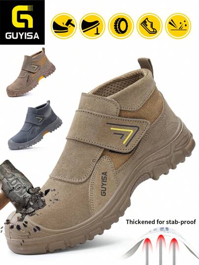 GUYISA 防砸防刺耐磨绒面革防火花隔热焊接系列中帮防护鞋。欧盟标准钢头防护，略重但超强！（鞋码为中国尺码，请注意国际换算！如鞋码偏大，请选择小一码）（鞋底为一体成型实心注塑，小孔为材质本身原因，非质量问题）