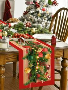 1pc Christmas Table Cover, 180x35cm Christmas Tree Branches Bow Design Polyester Table Runner For 6-8 Seater, Seasonal Winter Xmas Party Table Decoration, Christmas Decorations For Home 2025, Holiday Indoor Home Kitchen Decor