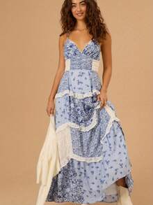 Women's Floral Dress Stylish Lace Patchwork Ruffled Trim Sleeveless Spaghetti Strap V Neck A-Line Long Dress For Summer - 藍色 - 查看 3