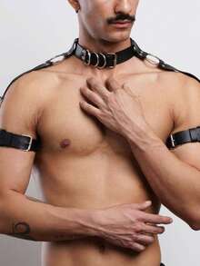 男士时尚吊带肩甲，中世纪双肩甲骑士护胸甲，战士派对装 PU 皮革配饰，万圣节主题角色扮演，情人节礼物 - 黑色 - 查看 12