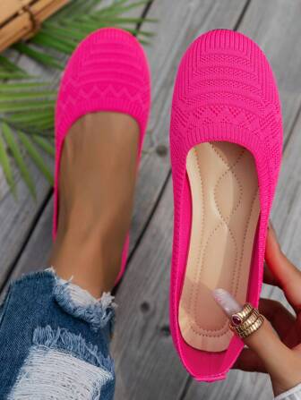 Damen Ballerinas mit Rundem Zehenbereich, gestrickte Slip-On Lässig atmungsaktive Ballerinas für den Sommer, flache Loafers für Mütter, komfortable vielseitige Damenschuhe im Bohemien-Stil, Schwarz, Weiß, Olivgrün, Beige, Himmelblau, Hellblau, Khaki, Hellbraun, Indigo, Gelb, Frühlings- und Herbstflache Schuhe, Oversized Europäische Größen, Sommer Mesh Lässig Walkingschuhe, einfarbige lässige Schlupfschuhe