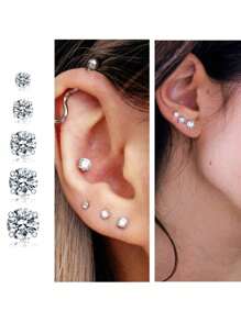 5/1 Pair Of Titanium Steel Earrings For Sensitive Ears, 2-6mm White Zirconia Spiral Earrings Flat Back Earrings For Men And Women, Hypoallergenic Surgical Steel Cartilage Earrings Se