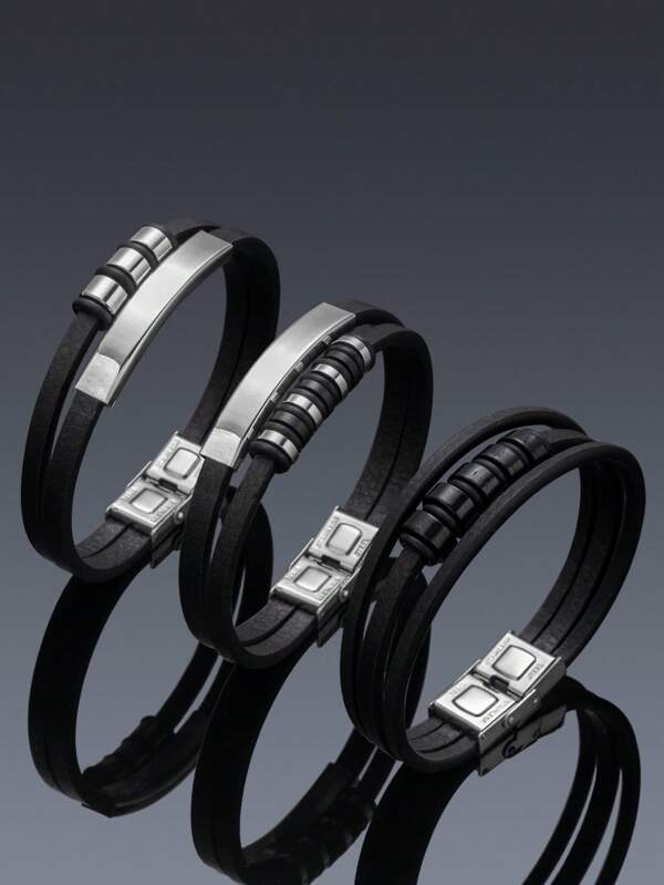 قطعة واحدة أساور رجالية من جلد ال PU عالي الجودة مع إبزيم معدني، مثالي للارتداء اليومي وهدايا عيد الميلاد