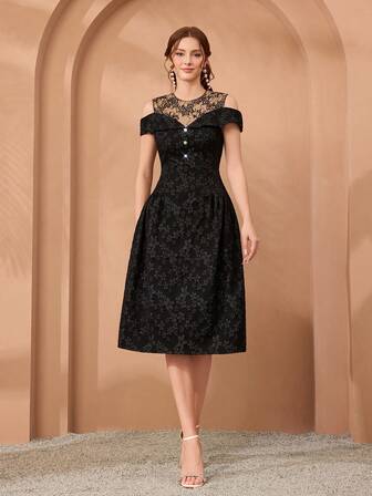 Mgiacy,New Arrival,Lady, Woven, Jacquard, Lace, Sequins, Diamond Buttons, Dress