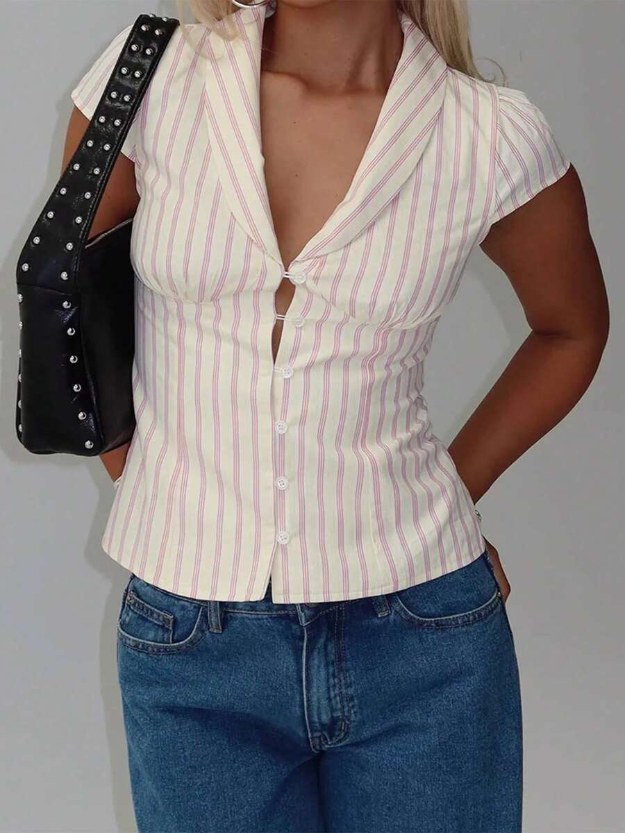 Women Striped Suit Vest Shirt,Short Sleeve Lapel V-Neck Button Closure Slim Fit Summer Tops Streetwear Sleeveless Jacket Formal Vest Streetwear - 白色 - 查看 1