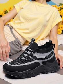 Zapatos atléticos para Caminar para Mujer, Zapatos atléticos para Caminar para Mujer,,Zapatillas De Malla Transpirables,Mocasines Planos Negros Tejidos Y Transpirables Para Mujer, Zapatillas Para Caminar De Mujer, s, Para Ejercicio En El Gimnasio Y FitnessZapatillas De Deporte Beige Para Mujer, Cómodas Zapatillas Gruesas De Suela Gruesa,  zapatillas bajas de malla ligeras para correr,Zapatillas Para Correr Deportivas, Casuales, Con Cordones, Ligera - Negro - Ver 3