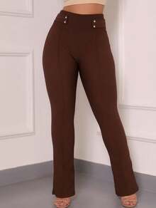 Pure Elegance Fashions Women's Flare Pants With Buttons Elegant Casual High Waist - 鏽棕色 - 查看 1